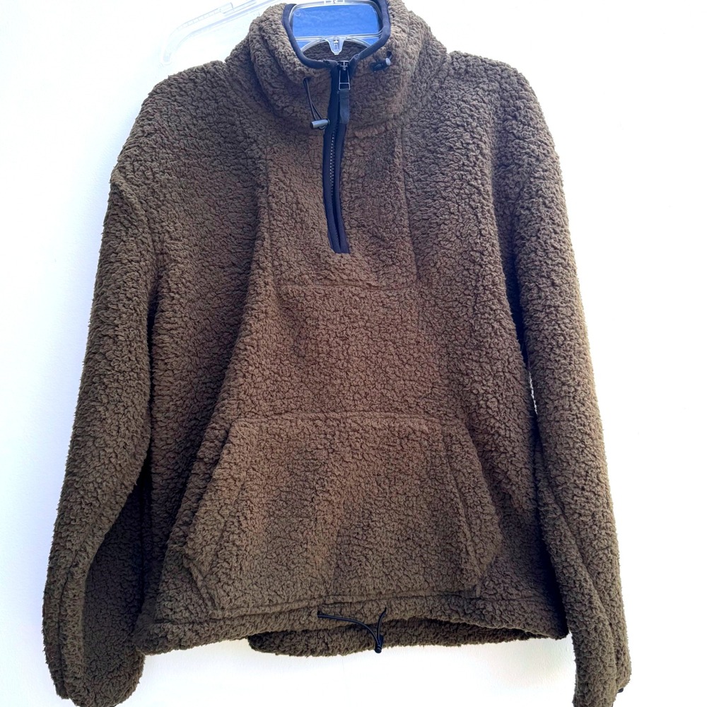 New NWT Faux Fur Quarter Zip Pullover Kangaroo Pocket Cinch Waist Sweater Large